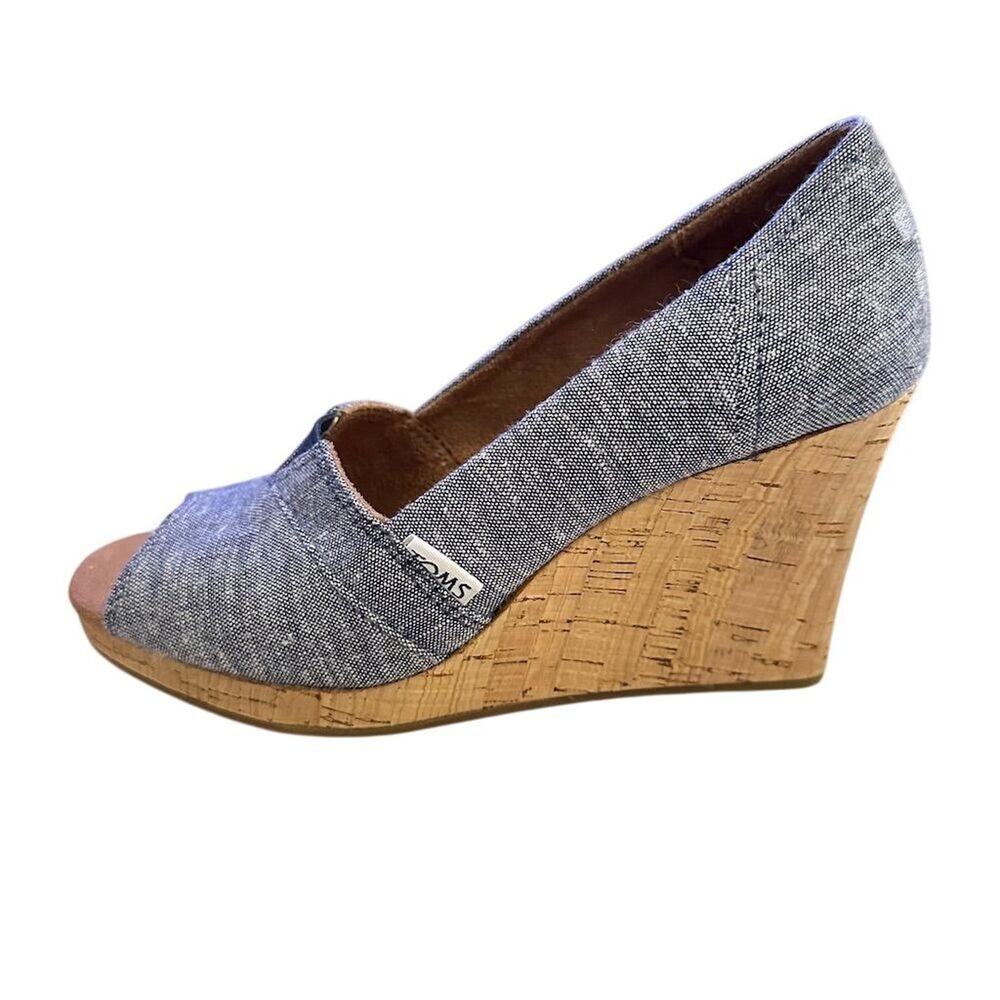 TOMS Women's Blue Chambray Wedge Slip-On Peep Toe Heels Casual size 6 - Picture 7 of 13